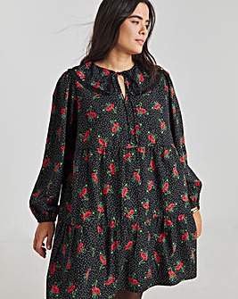 Ditsy Print Lace Trim Collar Smock Dress