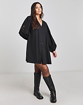 Black Embroidered Collar Detail Shirt Dress