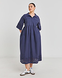 Blue Broderie Detail Shirt Dress