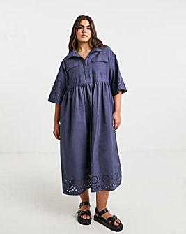 Blue Broderie Detail Shirt Dress
