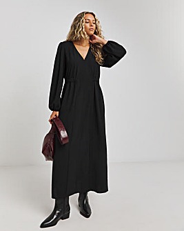 Black Cinched Waist Midi Dress With Pockets