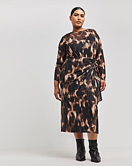 Brown Blur Print Wrap Front Mesh Midi Dress