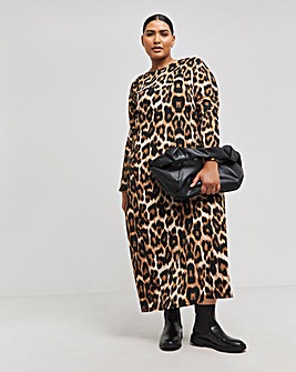 Leopard Print Textured Waffle Jersey Midi Dress