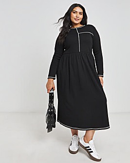 Black Ribbed Contrast Seam Midi Dress With Pockets