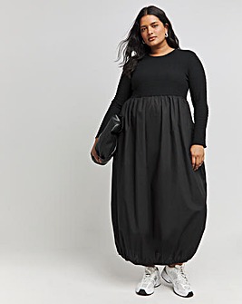 Black Long Sleeve Jersey Poplin Mix Puffball Dress With Pockets