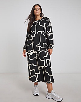 Black Print Supersoft Midi Dress With Tie Back Detail