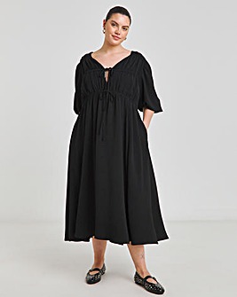 Black Tie Front Midi Dress With Pockets