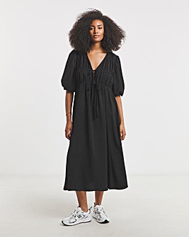 Black Tie Front Cinch Detail Midi Dress With Pockets