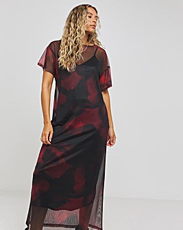 Red Blur Printed Mesh T-Shirt Dress