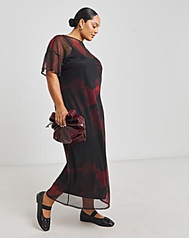 Red Blur Printed Mesh T-Shirt Dress