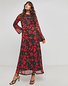 Red Blur Printed Long Sleeve Scoop Back Mesh Maxi Dress