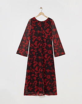 Red Blur Printed Long Sleeve Scoop Back Mesh Maxi Dress