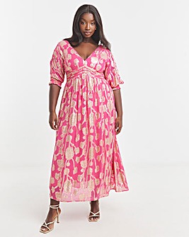 Pink and Gold Jacquard Frill Detail Maxi Dress