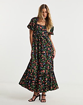 Fruit Print Square Neck Maxi Dress