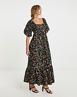 Fruit Print Square Neck Cotton Poplin Maxi Dress
