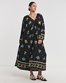 Linen Blend Border Print Soft Volume Dress