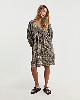 Animal Linen Smock Dress With Pockets