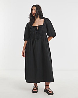 Black Cotton Poplin Tie Front Midi Dress