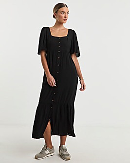 Black Crinkle Button Through Maxi Dress