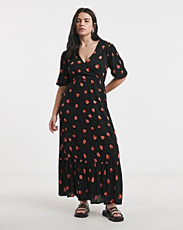 Fruit Print Crinkle Wrap Midi Dress