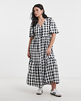 Mono Check Gingham Button Up Midi Dress