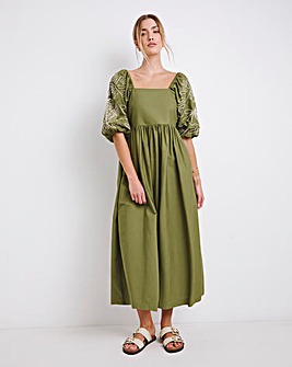 Khaki Embroidered Sleeve Cotton Poplin Midi Dress