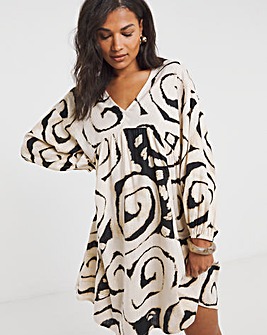 Mono Print Linen Blend Smock Dress With Pockets