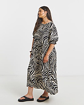 Mono Zebra Print Spun Viscose Midi Dress With Pockets