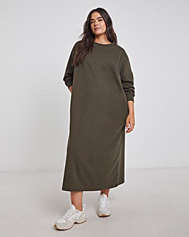 Olive Green Relaxed Fit Midi Sweat Dress