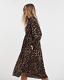Leopard Print Spun Viscose Midi Dress With Pockets