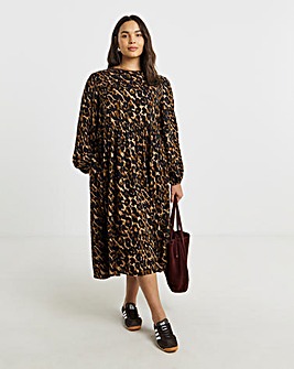 Leopard Print Spun Viscose Midi Dress With Pockets