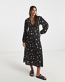 Black Ditsy Floral Print Spun Viscose Button Through Midi Dress