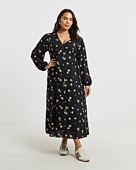 Black Ditsy Floral Print Spun Viscose Button Through Midi Dress