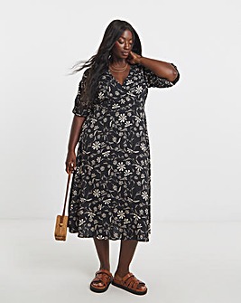 Mono Floral Print Spun Viscose Wrap Midi Dress