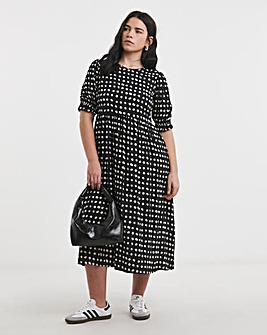 Mono Spot Print Woven Midi Dress With Pockets