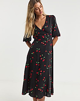 Cherry Print Spun Viiscose Wrap Midi Dress