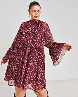 Burgundy Printed Romantic Frill Mesh Smock Dress