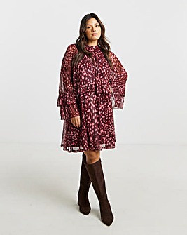Burgundy Printed Romantic Frill Mesh Smock Dress