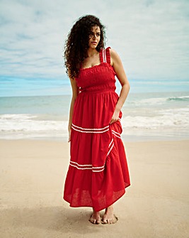 Rust Shirred Maxi Dress with Scallop Detail