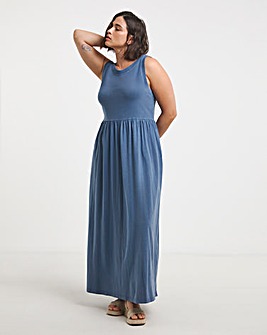 Blue Acid Jersey Cotton Maxi Dress With Pockets
