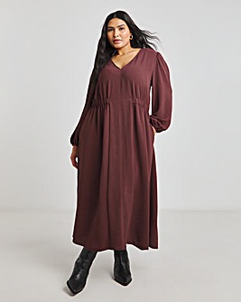 Burgundy Cinched Waist Midi Dress With Pockets