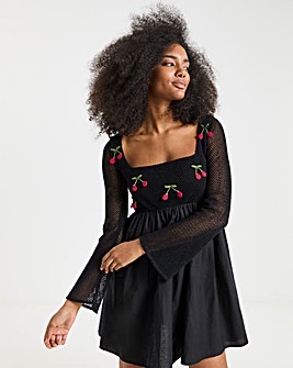 Black Crochet Cherry Detail Skater Dress