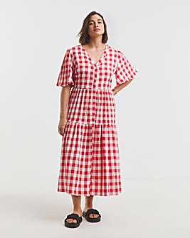 Red/White Gingham Button Through Midi Dress