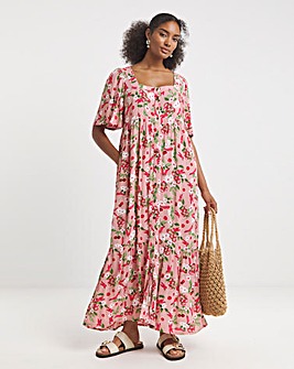 Pink Print Crinkle Button Through Maxi Dress