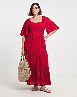 Red Broderie Tiered Maxi Dress