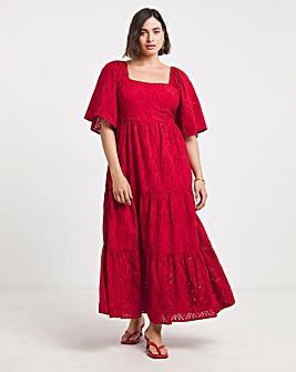 Red Broderie Tiered Maxi Dress