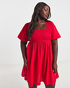 Red Shirred Linen Skater Dress