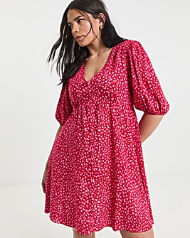 Red and Pink Print Button Through Skater Dress