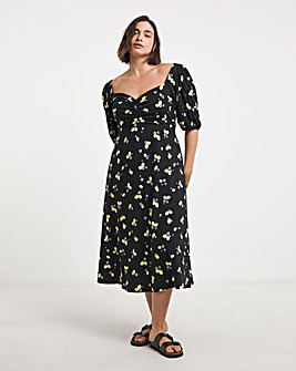 Black Print Supersoft Sweetheart Neck Midi Dress