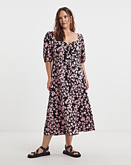 Floral Print Sweetheart Neck Midi Dress